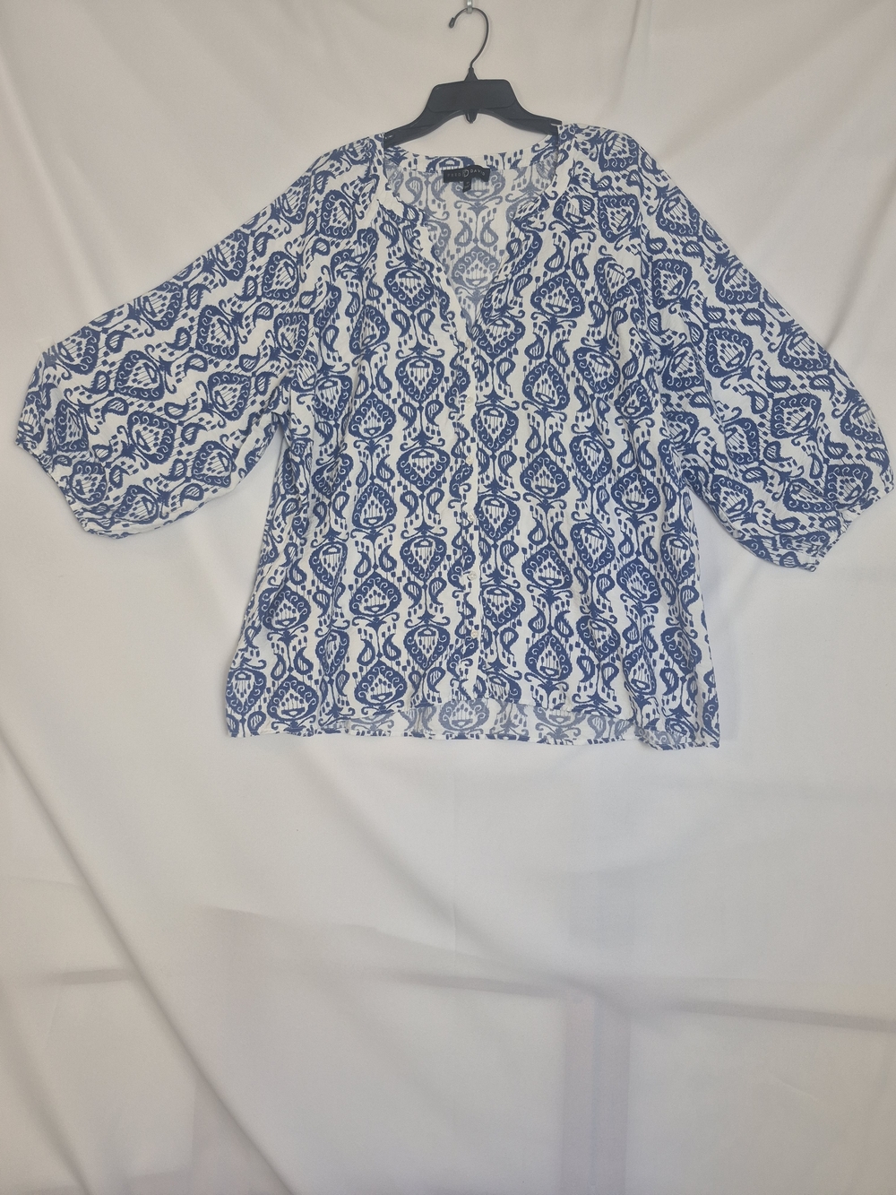 Fred David White and Blue Printed Peasant Blouse